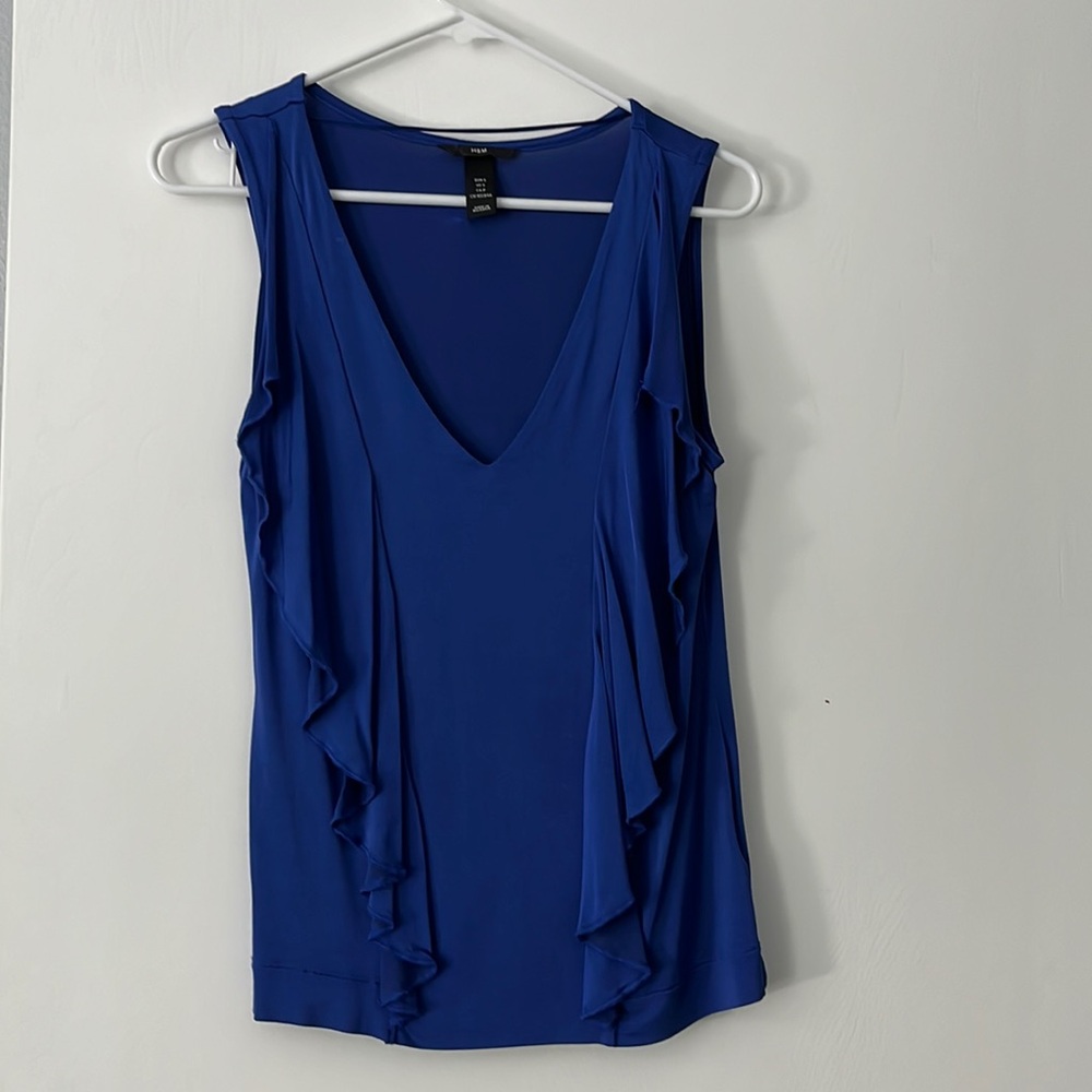 Stunning Royal Blue H & M Blouse with vertical ruffle Size S